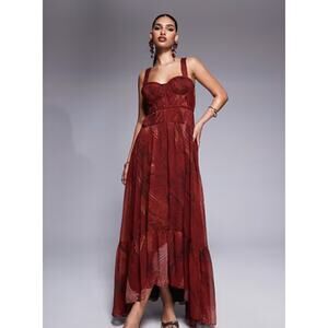 ASOS DESIGN plait detail maxi with bust cups in red abstract print Sz 10